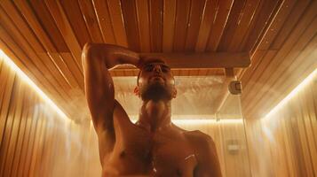 een persoon uitrekken in een sauna gebruik makend van de warmte naar losmaken strak spieren in de nek en schouders gemeenschappelijk gebieden voor migraine pijn. foto