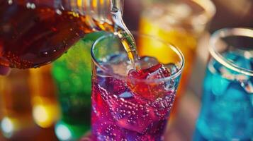 een hand- giet een levendig gekleurde Frisdrank van een glas fles in een proeverij glas foto