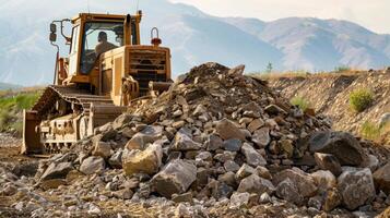 een bulldozer duwt een groot stapel van rotsen en aarde creëren een pad voor toekomst bouw foto