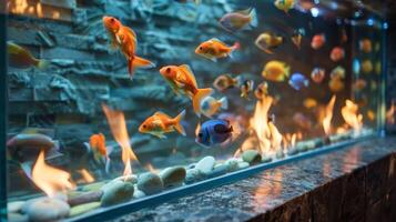 een strak steen haard met een glas barrière gevulde met dansen vlammen. een kleurrijk rangschikking van tropisch vis zwemmen in de ingebouwd aquarium onderstaand. 2d vlak tekenfilm foto