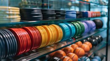 een verzameling van premie weerstand bands en oefening ballen weergegeven netjes in een glas kabinet klaar voor gebruik foto