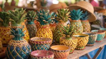 een Scherm van kleurrijk ananasthema ambachten van hand geschilderd ananas bloem potten naar geweven ananas manden Bij de ananas dag markt foto