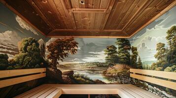 een visie van de sauna kamers plafond versierd met een geschilderd muurschildering van een vredig natuurlijk landschap. foto