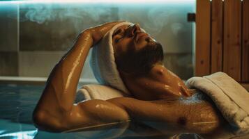 een Mens houdende Aan zijn terug in de sauna met een handdoek aan het bedekken zijn gezicht gebruik makend van het net zo een manier naar beheren zijn chronisch vermoeidheid. foto