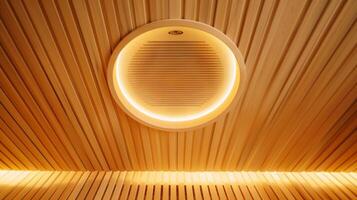 beeld 9 een ondersteboven visie van een sauna met een circulaire timer gemonteerd Aan de plafond gieten een zacht geel licht gedurende de kamer. foto