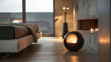 in een minimalistische slaapkamer de brand bol biedt beide warmte en sfeer haar laag warmte output maken het ideaal voor kleiner ruimtes. 2d vlak tekenfilm foto