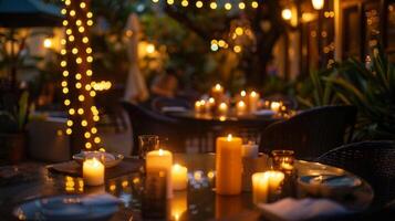 de zacht warm licht van de kaarsen creëert een romantisch sfeer perfect voor een datum nacht onder de sterren. 2d vlak tekenfilm foto