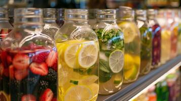 een selectie van doordrenkt wateren weergegeven in glas potten met kleurrijk etiketten uitnodigend klanten naar proberen verschillend smaken foto