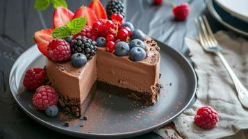 heerlijk eigengemaakt desserts zo net zo een rijk chocola mousse of een gelaagde BES kwarktaart zijn de perfect einde naar een luxueus prima dining ervaring Bij huis foto