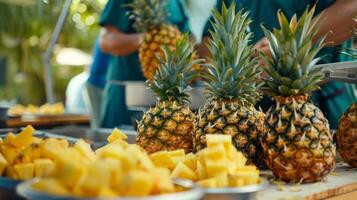 een Koken wedstrijd Bij de ananas dag viering met concurrenten gebruik makend van ananas net zo de hoofd ingrediënt in hun gerechten foto