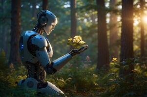 een humanoid robot knielt en voorzichtig houdt in handen naar bloemen. groen Woud opruimen, omringd door bomen met gouden zonlicht. ecologie, technologie, vrede, samenwerking concept foto