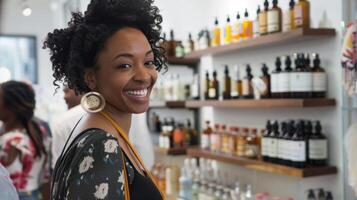 een cliënt wandelingen uit van de winkel opgetogen met haar gepersonaliseerd parfum en opgewonden naar tonen het uit naar vrienden en familie foto