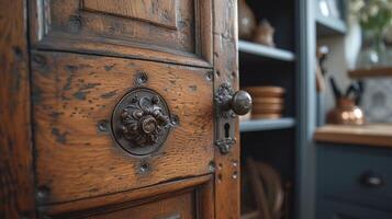 een antiek kast is od naar onthullen een verborgen Ingang naar een geheim kamer. de overladen details en oud hout geven de indruk van een lang bewaard geheim binnen de huis foto