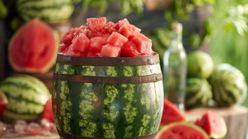 een diy watermeloen vaatje gevulde met een verfrissend mengsel van watermeloen sap wodka en club Frisdrank foto
