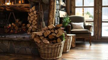 een stack van brandhout zit netjes in een rustiek houten mand toevoegen naar de natuurlijk charme van de kamer. 2d vlak tekenfilm foto