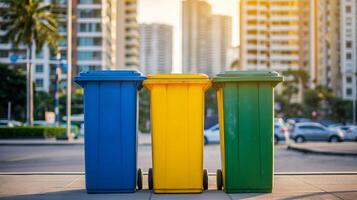 kleurrijk recycle bakken voor verspilling scheiding Aan stad trottoir foto