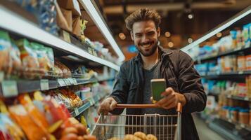 blij Mens boodschappen doen met smartphone app in supermarkt gangpad foto