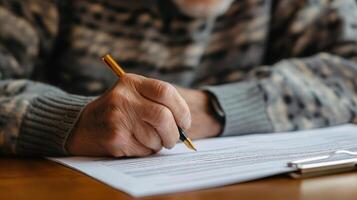 gewetensvol senior herzien en ondertekening kritiek financieel documenten voor pensioen en landgoed planning foto