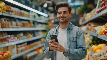 glimlachen jong Mens gebruik makend van smartphone naar winkel in kruidenier op te slaan foto