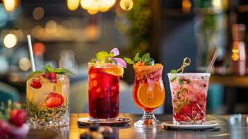 de pop-up bars menu pronkt een verscheidenheid van intrigerend en uniek alcohol vrij drankjes zo net zo een fruitig thee infusie en een y gember mocktail foto