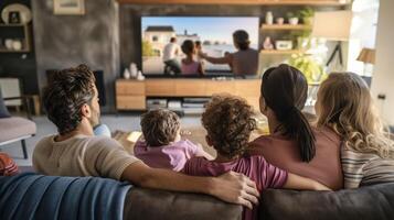 een familie gelukkig verzameld in de omgeving van de leven kamer net zo ze kijk maar leven beeldmateriaal van hun nieuw geïnstalleerd veiligheid camera's Aan een TV scherm. de high Tech camera's voorzien Realtime foto