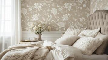 een elegant slaapkamer met ingewikkeld behang met delicaat bloemen patronen in zacht neutrale tonen foto