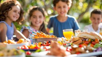 een kinderen tafel met kleiner porties en pret vinger voedingsmiddelen zorgen voor zelfs de weinig degenen kan toetreden in Aan de eiland bbq pret foto