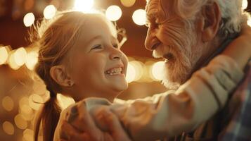 een jong meisje en haar opa lachend en dansen samen genieten van de levendig atmosfeer foto