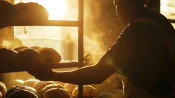 de silhouet van een bakker trekken een dienblad van perfect opgestaan deeg uit van een heet oven een straal van zonlicht schijnend door de venster op hun gezicht foto