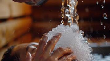 een hand- gieten ijs water op een personen hoofd net zo ze staan buiten de sauna. foto