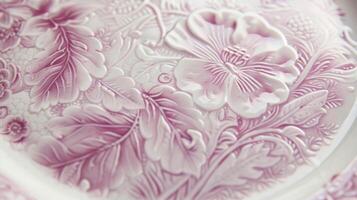 een delicaat keramisch bord met een gedetailleerd bloemen patroon in tinten van roze en Purper. foto