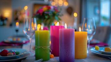 een helder en vrolijk middelpunt van kleurrijk kaarsen brengen een barsten van kleur naar een neutraal dining tafel. 2d vlak tekenfilm foto