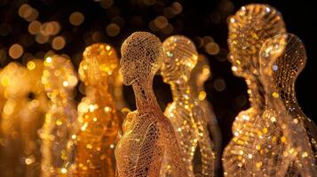 een groep van elegant sculpturen gemaakt van glanzend draad en kralen glimmen zachtjes in de licht van de brand uitnodigend dichterbij inspectie. 2d vlak tekenfilm foto