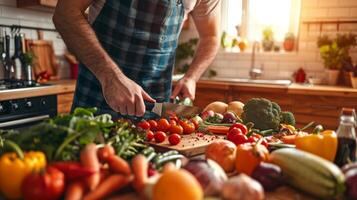 een Mens bereidt zich voor een gezond aangepast avondeten volgens naar zijn gepersonaliseerd voeding plan met een verscheidenheid van kleurrijk fruit en groenten foto