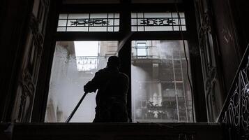 een arbeider doekjes weg stof en puin van een nieuw geïnstalleerd venster geven het een vlekkeloos af hebben dat enkel en alleen voegt toe naar de grootsheid van de gebouw foto
