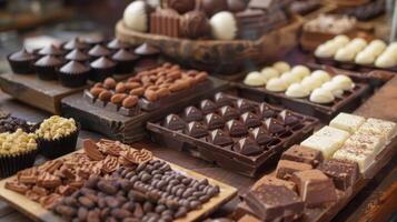 een verleidelijk Scherm van verschillend types van chocola en gereedschap gebruikt in een chocolade maken klasse foto