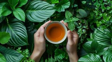 een persoon Holding een kop van kruiden thee omringd door weelderig groen planten met een onderschrift uitleggen hoe drinken kruiden thee terwijl in de sauna kan promoten hormonaal evenwicht. foto