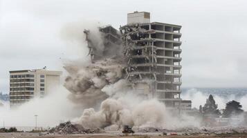 in een dramatisch schot de gebouwen facade stort in in een wolk van stof markering een majoor mijlpaal in de sloop werkwijze foto