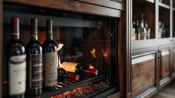 een knus avond door de brand is gemaakt zelfs meer speciaal met de toevoeging van een ingebouwd wijn rek perfect voor ontspannende en tot rust komen. 2d vlak tekenfilm foto