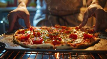 een beeld van een eigengemaakt pizza steen in de oven verwarming omhoog net zo de mannen monteren hun ingrediënten foto