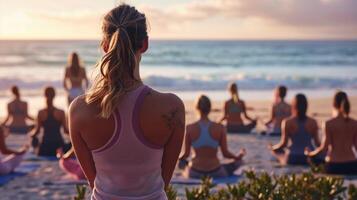 een geschiktheid instructeur leidend een groep door een yoga sessie Aan een rustig strand met de oceaan in de achtergrond foto