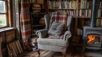 een knus lezing hoekje in de cabine met een pluche fauteuil gelegen De volgende naar een hout branden fornuis en een stack van boeken. 2d vlak tekenfilm foto