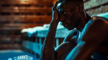 een basketbal speler zit in een sauna zijn hand- aangrijpend een water fles net zo hij geestelijk bereidt zich voor voor een slopend toernooi vooruit. foto