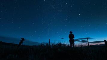 een sterrenhemel nacht lucht met de boer maken zijn laatste rondes naar controleren Aan zijn vee voordat instoppen in voor de nacht foto