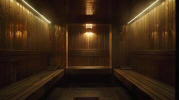 de vaag lit en rustgevend atmosfeer van een sauna ideaal voor individuen op zoek naar pijn Verlichting van migraine. foto