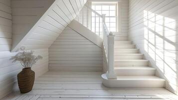 de charmant eenvoud van een wit piket trapleuning en leuning toevoegen een tintje van karakter naar een vreemd huisje trappenhuis foto
