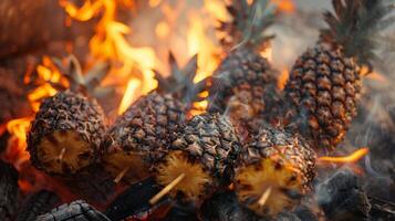 net zo de brand knettert en knalt de geur van gebarbecued ananas vult de lucht verleidelijk iedereen naar verzamelen in de omgeving van voor een smaak foto