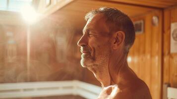 een Mens weggaan de sauna zijn ontspannen uitdrukking een Doorzichtig teken van de pijn Verlichting en is gestegen reeks van beweging hij heeft ervaren. foto