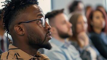 een beeld van een groep van verschillend mannen zittend in een klas instelling aandachtig luisteren naar een huidsverzorging deskundige spreken over de belang van een huidsverzorging routine- foto