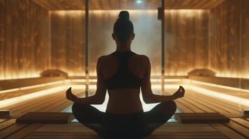 een klem van een beroemdheid aan het doen yoga poses binnen de sauna markeren de combinatie van ontspanning en geschiktheid in hun routine. foto